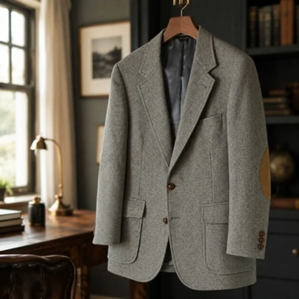Pendleton Sport Coat Mens 46 Gray Herringbone Wool Tweed Elbow Patch
